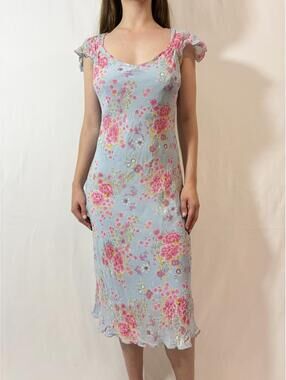 Light Blue Floral Vintage Cap Sleeve Midi Dress